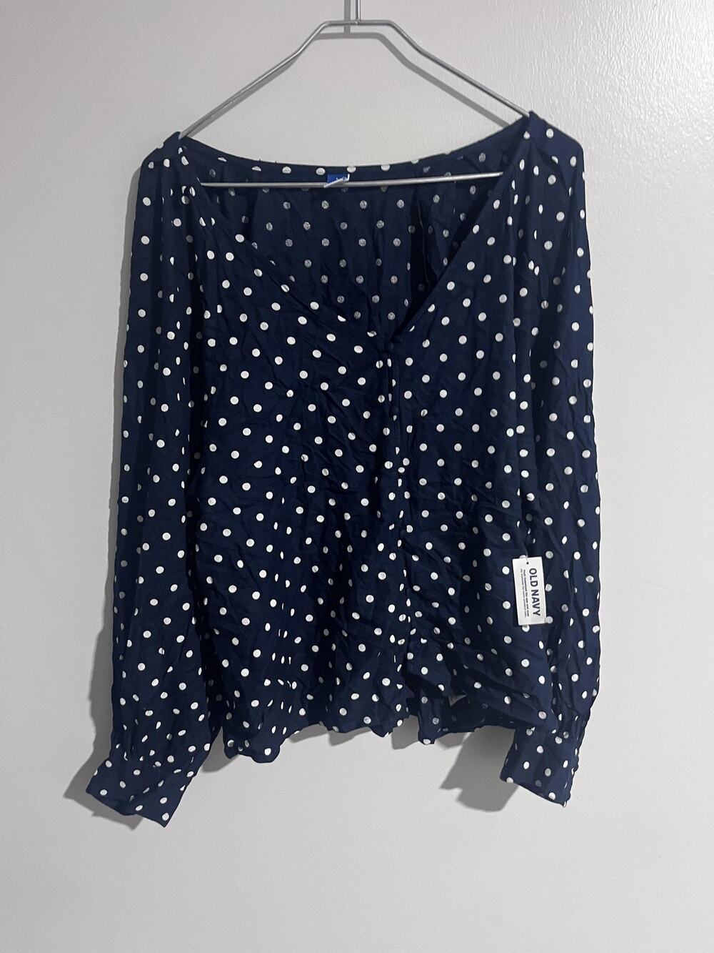 Old Navy Blouse Womens L Blue Polka Dot Balloon Sleeve V-Neck Rayon Lightweight